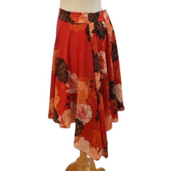 Kenneth Cole Skirt Floral Orange Brown Cream Asymmetrical - Picture 3 of 4